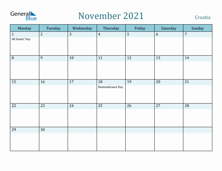 November 2021 Calendar with Holidays