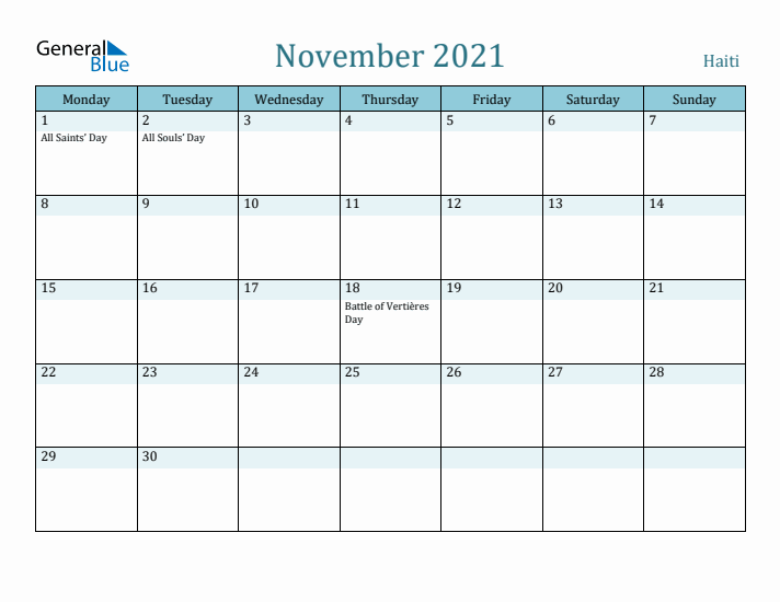 November 2021 Calendar with Holidays