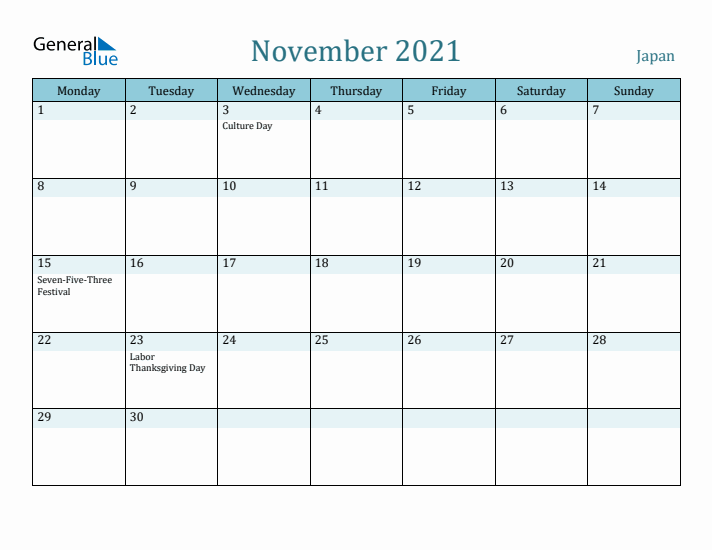 November 2021 Calendar with Holidays