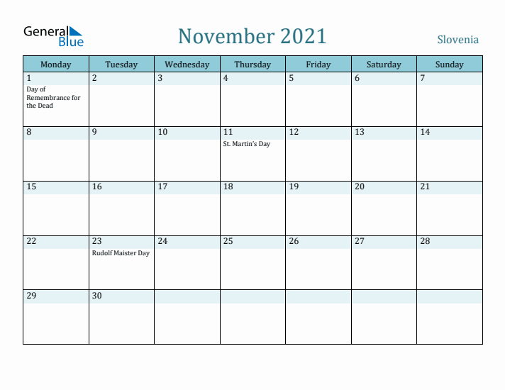 November 2021 Calendar with Holidays