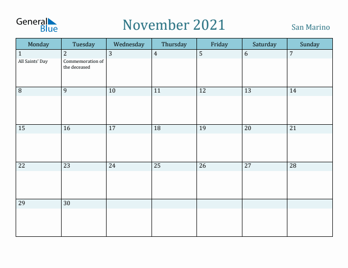 November 2021 Calendar with Holidays