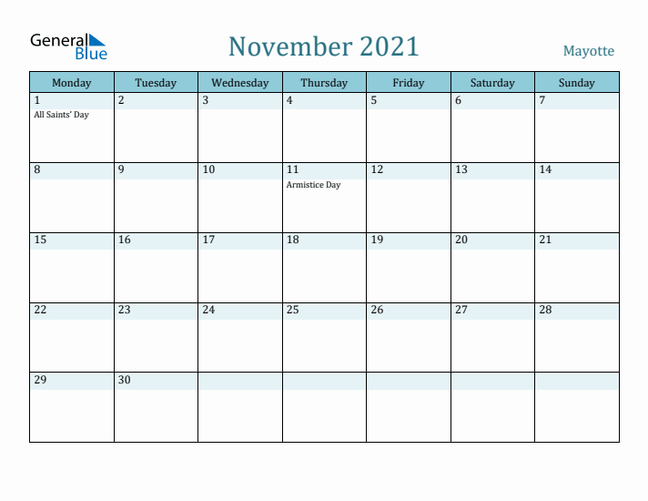 November 2021 Calendar with Holidays