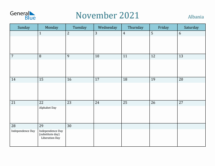 November 2021 Calendar with Holidays