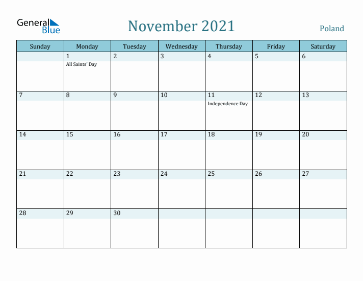 November 2021 Calendar with Holidays