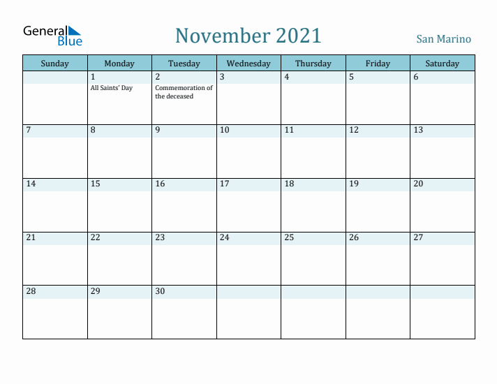 November 2021 Calendar with Holidays