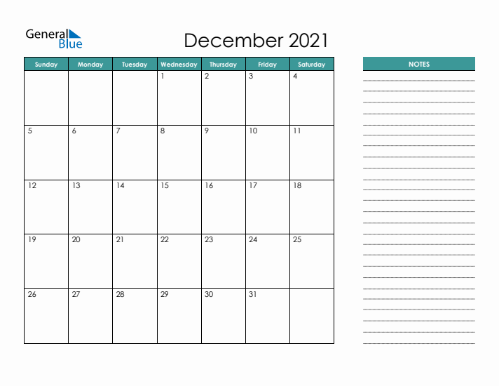 December 2021 Calendar with Notes