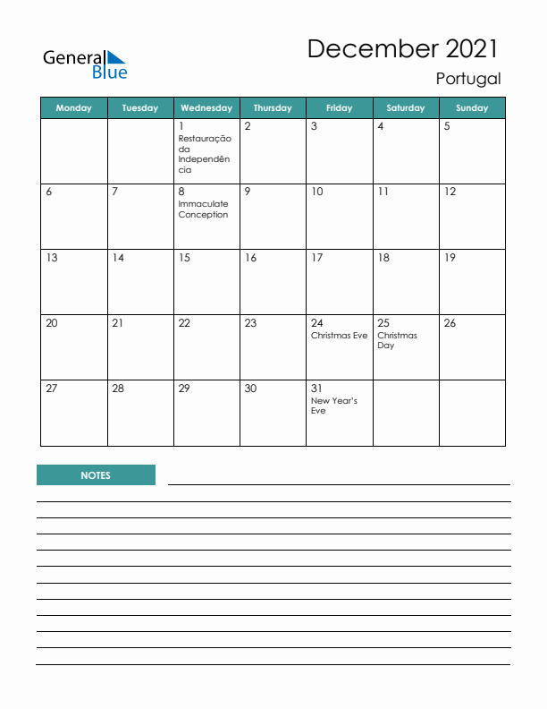 Calendar with Notes Printable - Monday Start