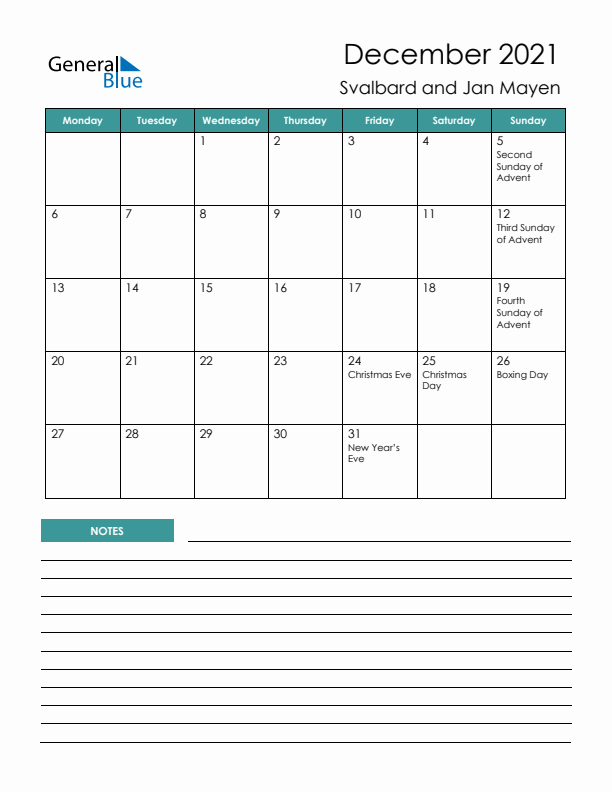 Calendar with Notes Printable - Monday Start