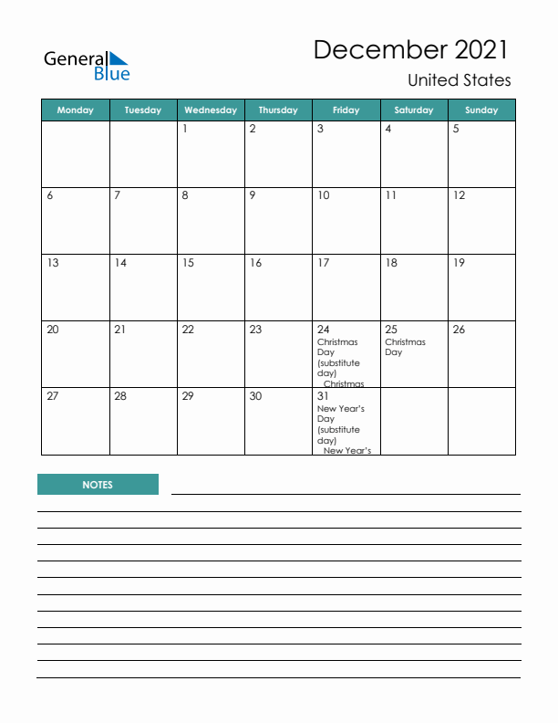 Calendar with Notes Printable - Monday Start