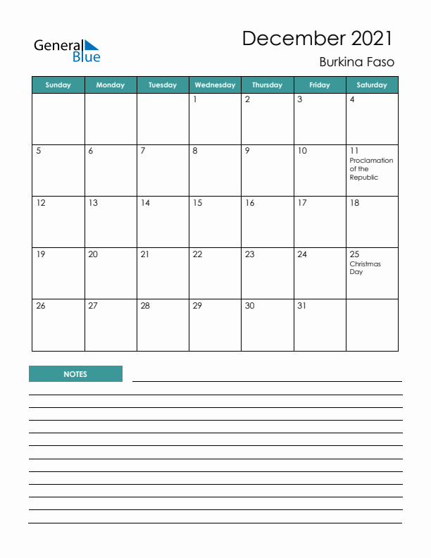 Calendar with Notes Printable - Sunday Start