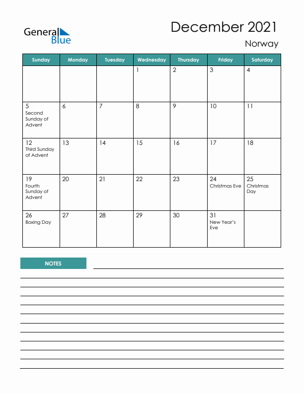 Calendar with Notes Printable - Sunday Start