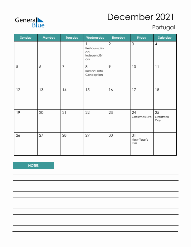 Calendar with Notes Printable - Sunday Start