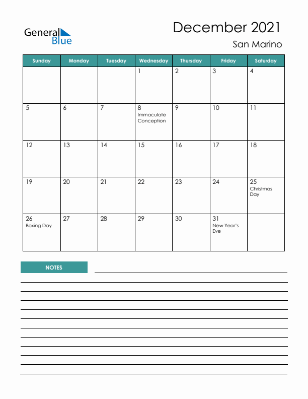 Calendar with Notes Printable - Sunday Start