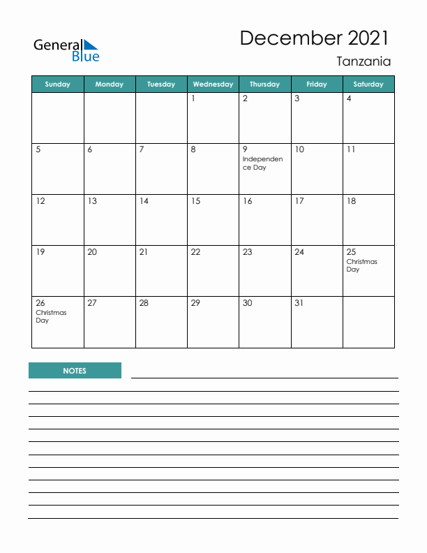 Calendar with Notes Printable - Sunday Start