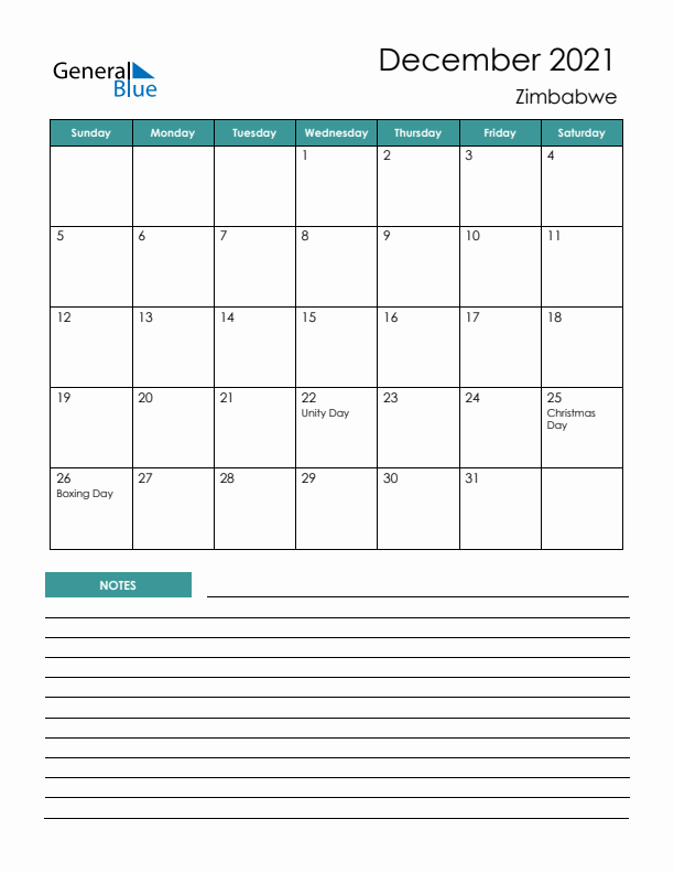 Calendar with Notes Printable - Sunday Start