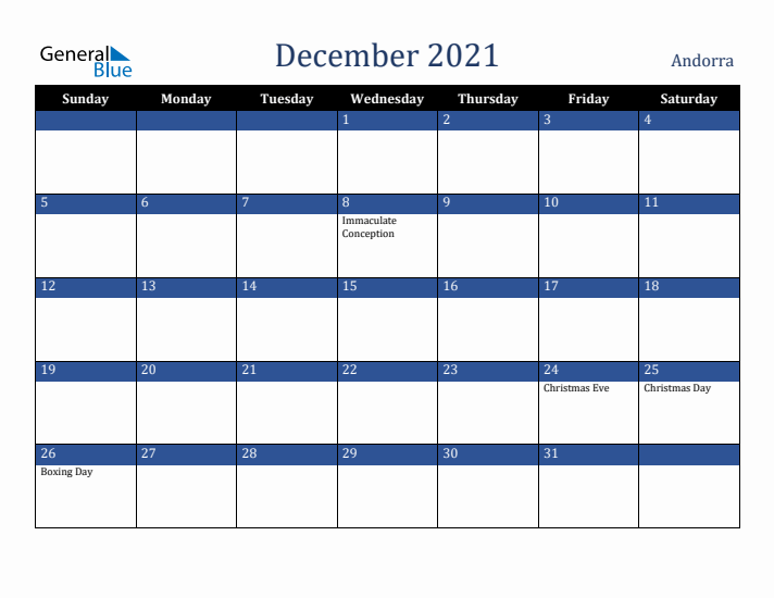 December 2021 Andorra Calendar (Sunday Start)