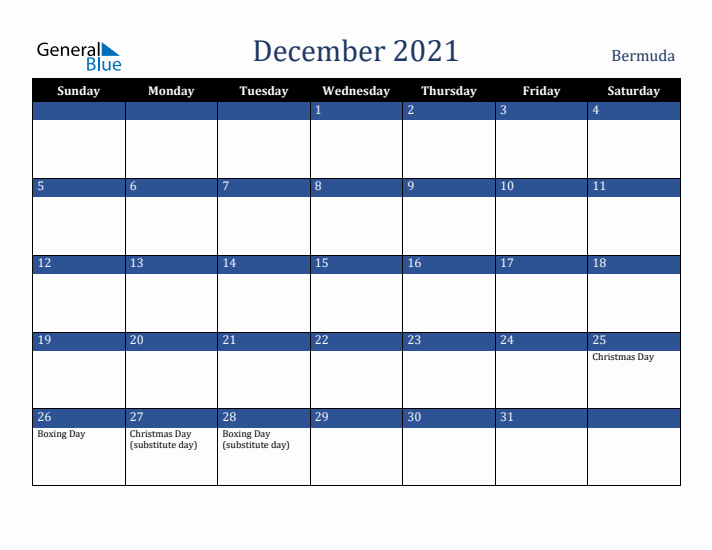 December 2021 Bermuda Calendar (Sunday Start)