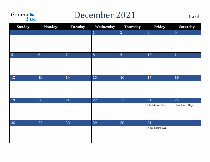 December 2021 Brazil Calendar (Sunday Start)