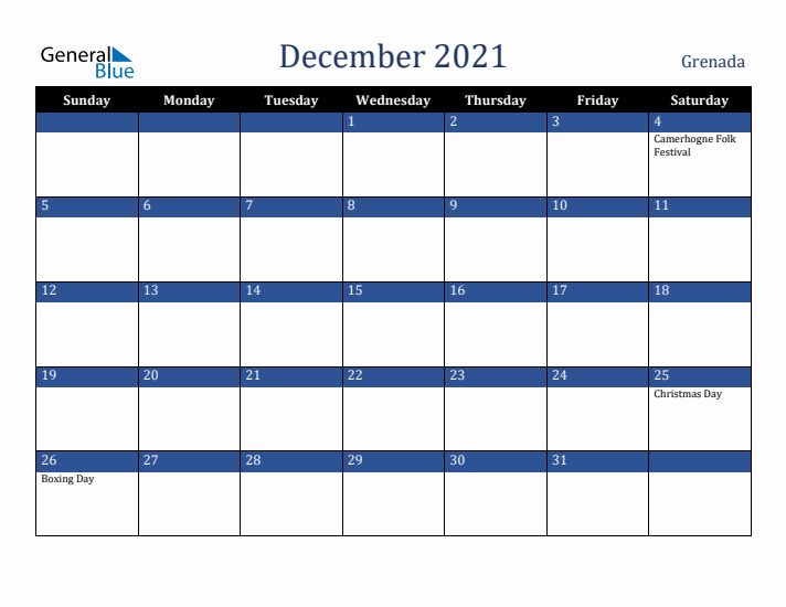 December 2021 Grenada Calendar (Sunday Start)