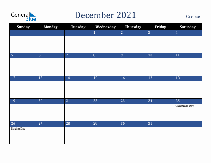 December 2021 Greece Calendar (Sunday Start)