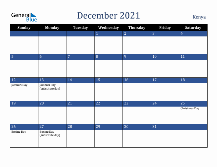 December 2021 Kenya Calendar (Sunday Start)