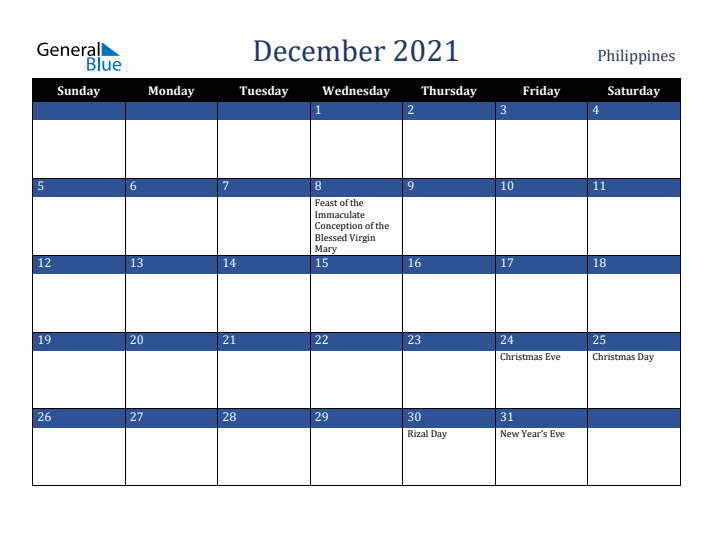 December 2021 Philippines Calendar (Sunday Start)