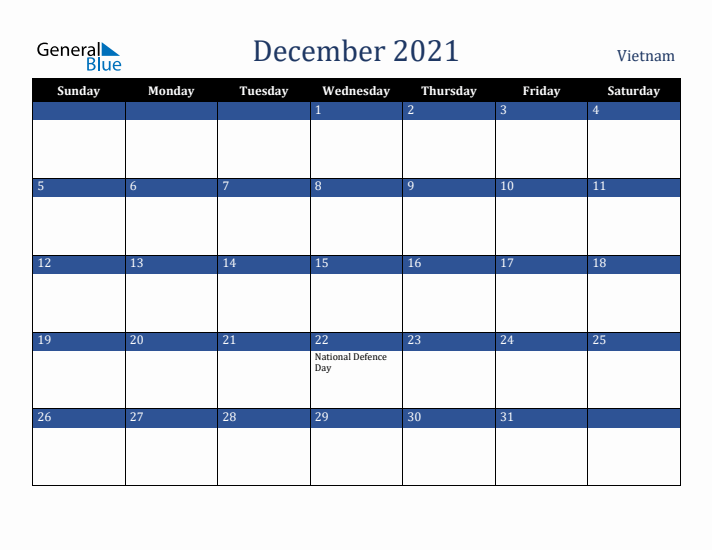 December 2021 Vietnam Calendar (Sunday Start)