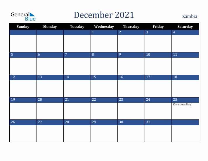 December 2021 Zambia Calendar (Sunday Start)