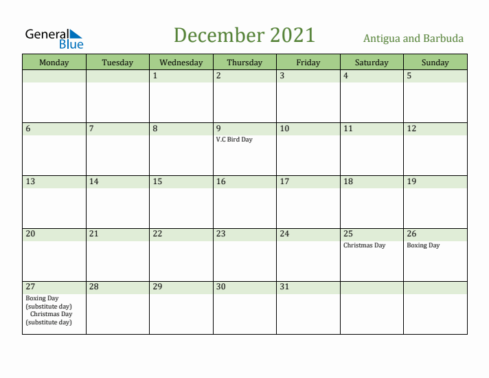 December 2021 Calendar with Antigua and Barbuda Holidays