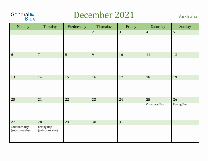 December 2021 Calendar with Australia Holidays