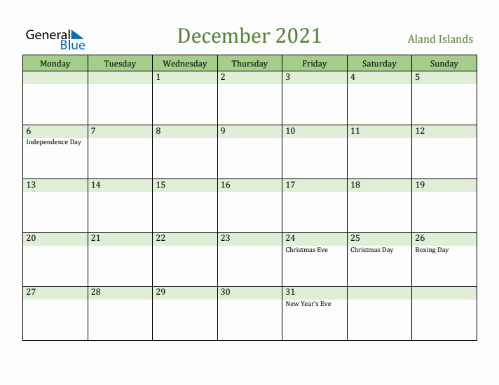 December 2021 Calendar with Aland Islands Holidays