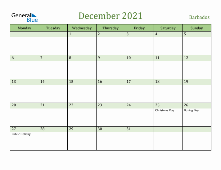 December 2021 Calendar with Barbados Holidays