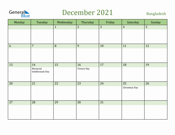 December 2021 Calendar with Bangladesh Holidays