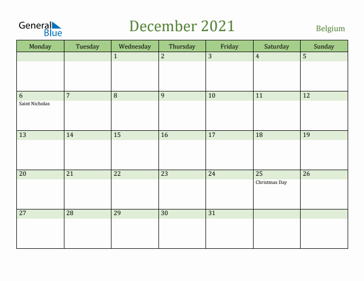 December 2021 Calendar with Belgium Holidays