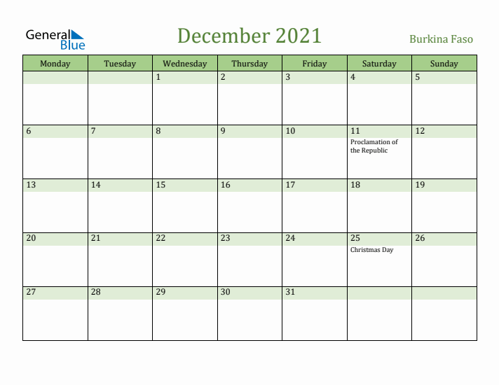 December 2021 Calendar with Burkina Faso Holidays