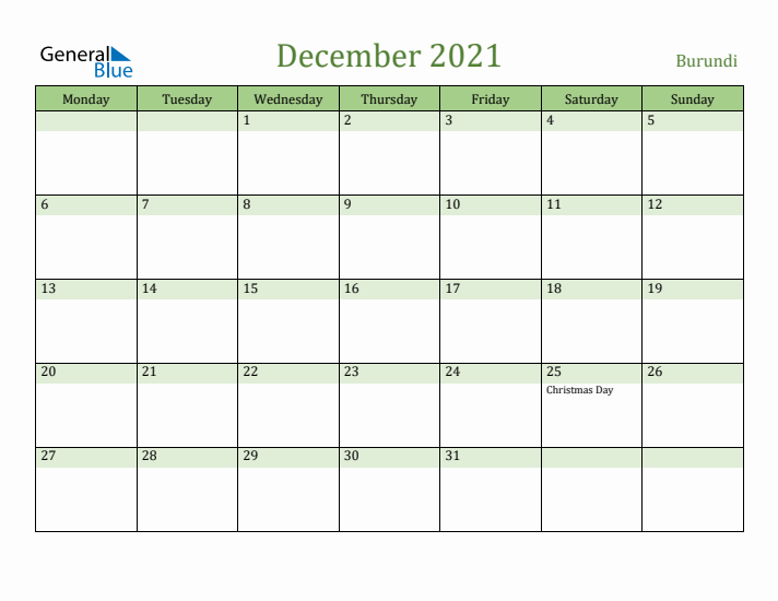 December 2021 Calendar with Burundi Holidays