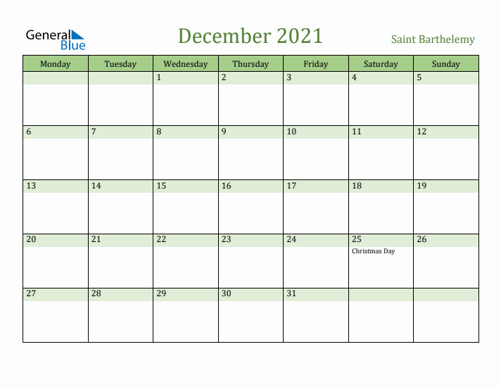 December 2021 Calendar with Saint Barthelemy Holidays