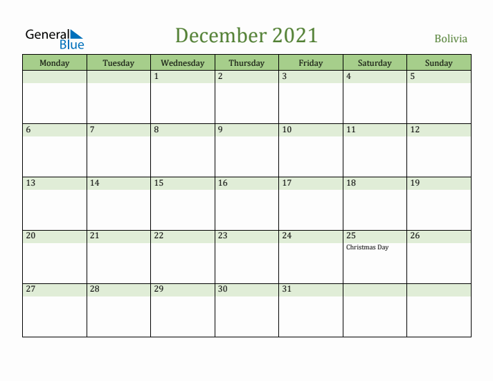 December 2021 Calendar with Bolivia Holidays