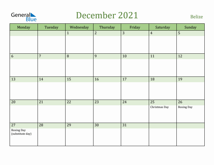 December 2021 Calendar with Belize Holidays