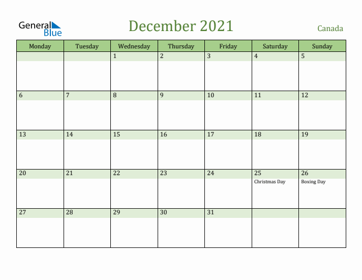 December 2021 Calendar with Canada Holidays