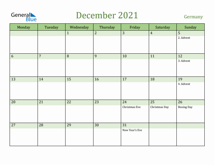 December 2021 Calendar with Germany Holidays