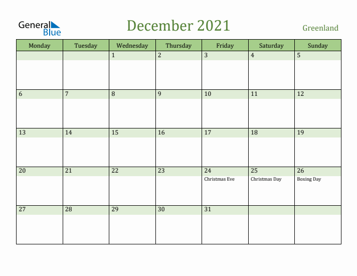 December 2021 Calendar with Greenland Holidays