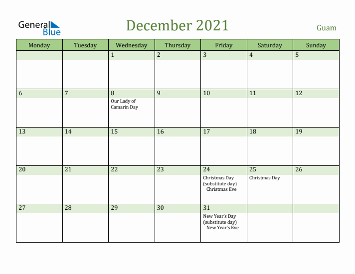 December 2021 Calendar with Guam Holidays