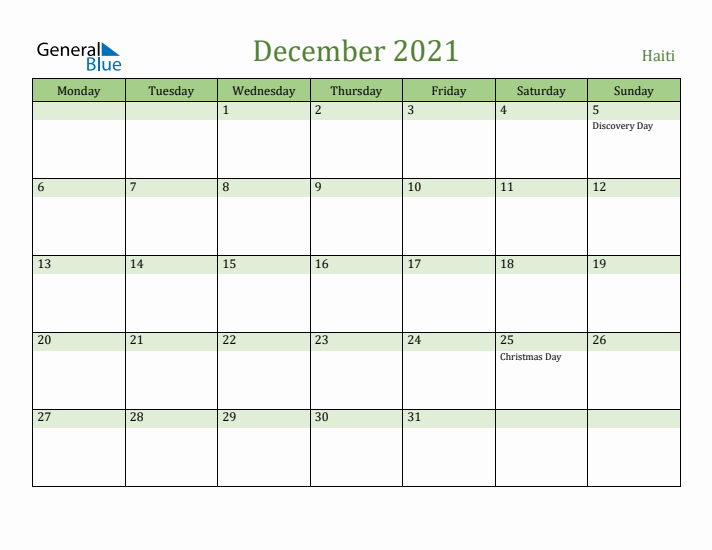 December 2021 Calendar with Haiti Holidays