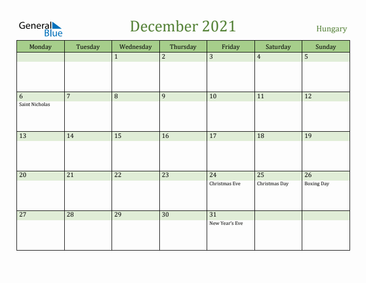 December 2021 Calendar with Hungary Holidays