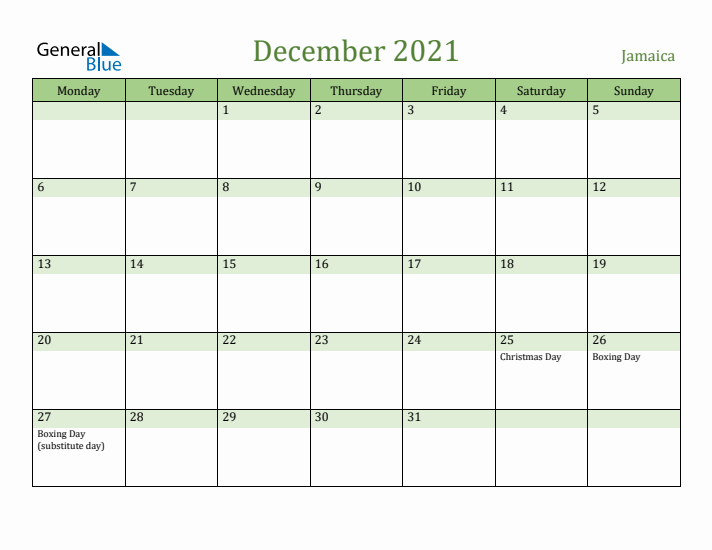 December 2021 Calendar with Jamaica Holidays