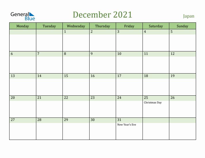 December 2021 Calendar with Japan Holidays