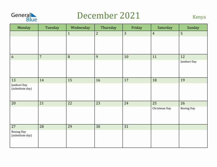 December 2021 Calendar with Kenya Holidays