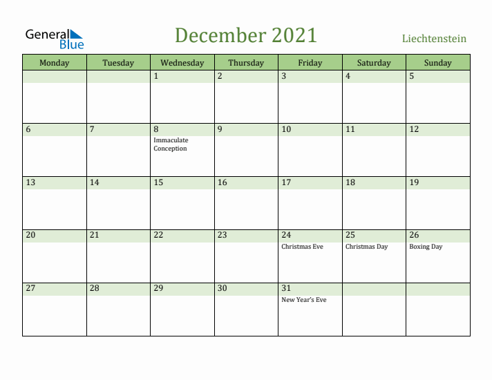 December 2021 Calendar with Liechtenstein Holidays