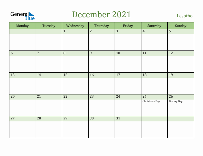 December 2021 Calendar with Lesotho Holidays